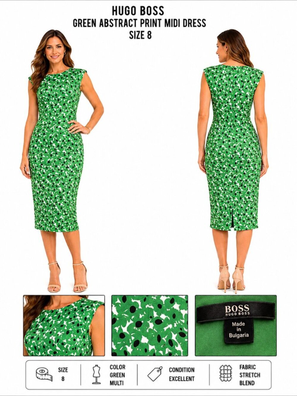 HUGO BOSS GREEN ABSTRACT PRINT MIDI DRESS US 8 SHEATH